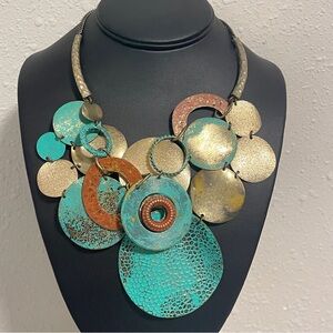 Statement Necklace Patina Disc Turquoise & Gold Tone Bib